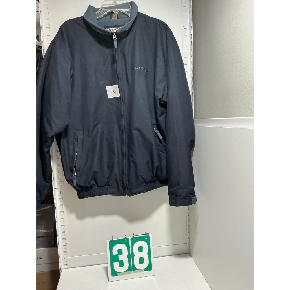 Destinations Since 1946 Navy Blue Fleece Lined Goodyear Bomber Jacket Large